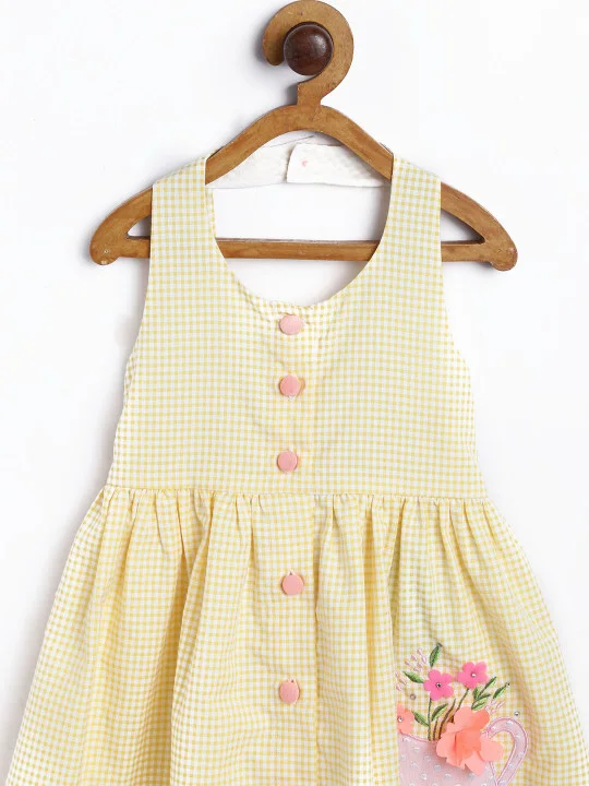 Nautinati pale yellow gingham Girls' 100% Cotton Gingham Chequered Fit & Flare Dress with Watering Can Embroidery & Floral Applique for Women | Best Price UAE